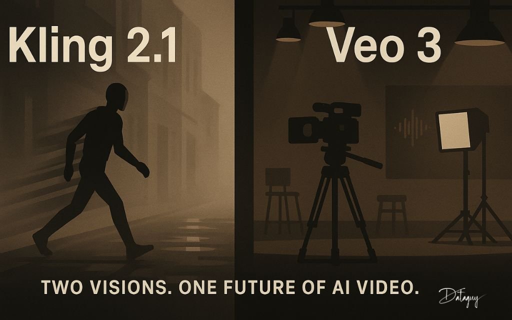 Split-screen digital illustration showing a humanoid figure in a foggy alley (Kling 2.1) on the left and a cinematic studio setup with camera rigs and audio signals (Veo 3) on the right. Tagline reads: “Two Visions. One Future of AI Video.”