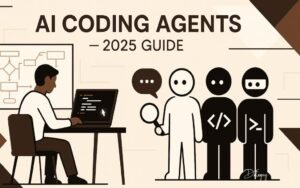 Flat-style illustration of a developer coding at a desk while abstract AI agents stand nearby, each holding tools like a chat bubble, magnifying glass, and terminal icon, representing various coding assistants such as Copilot, Devika, Continue.dev, and OpenDevin.