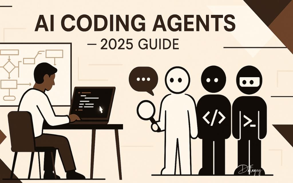 Flat-style illustration of a developer coding at a desk while abstract AI agents stand nearby, each holding tools like a chat bubble, magnifying glass, and terminal icon, representing various coding assistants such as Copilot, Devika, Continue.dev, and OpenDevin.