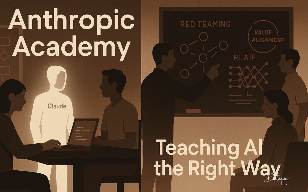 Split-screen illustration showing students engaging with Claude AI in a classroom on the left and a lab setting focused on red teaming, value alignment, and AI interpretability on the right. Overlaid text reads “Anthropic Academy” and “Teaching AI the Right Way.”