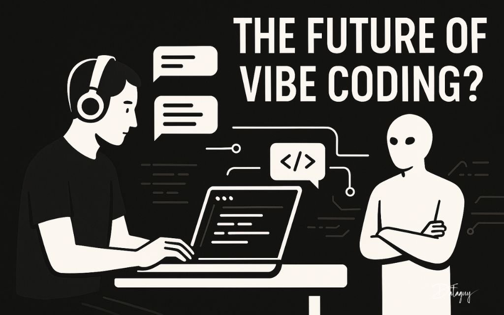 Flat-style black and white illustration of a focused developer coding on a laptop while an abstract AI figure observes, with the caption "The Future of Vibe Coding?"