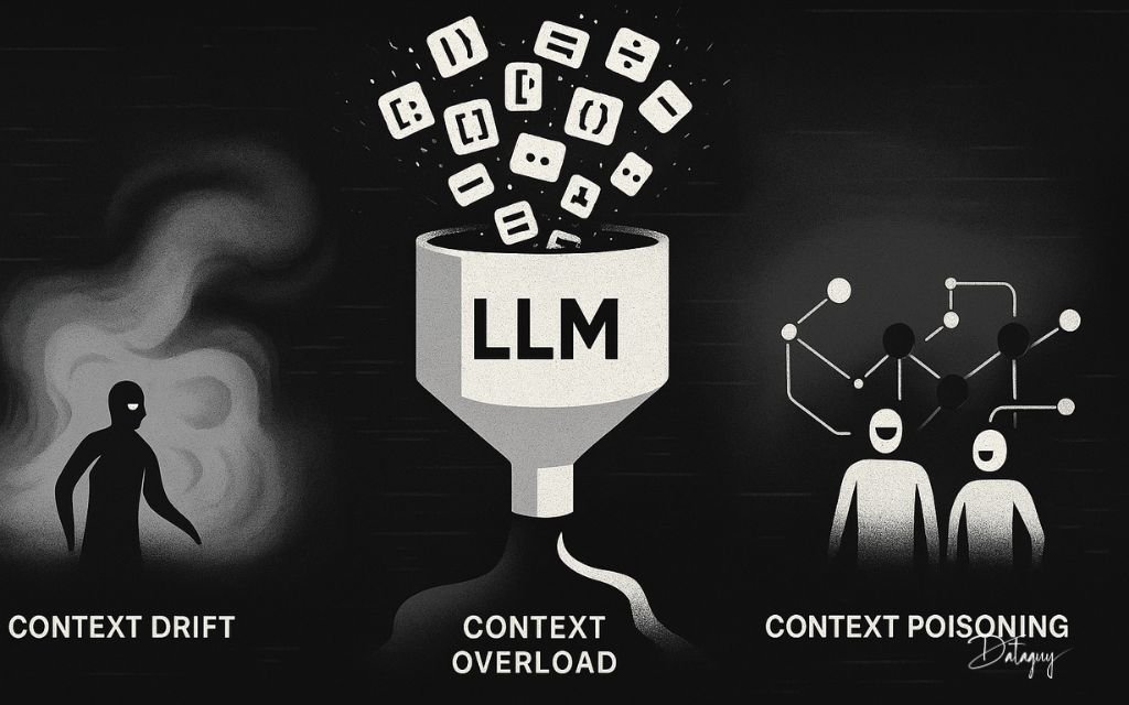 A high-contrast black-and-white illustration showing three LLM context issues: a shadowy figure for context drift, a funnel overloaded with tokens labeled LLM for context overload, and two manipulated users under a network map symbolizing context poisoning.