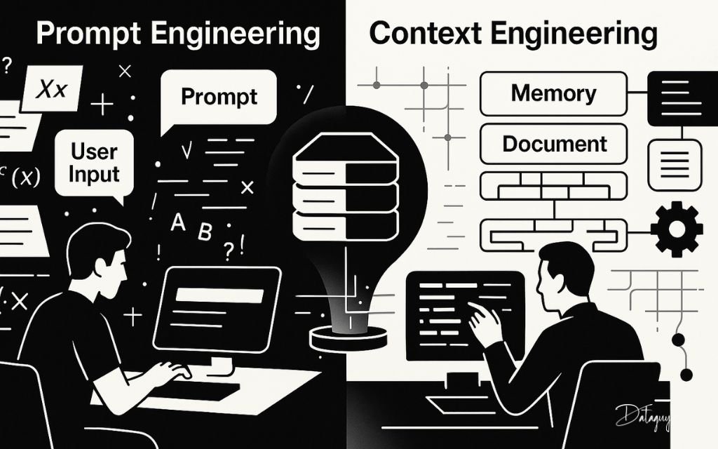 Black and white illustration comparing prompt engineering and context engineering. The left side shows a person typing prompts with scattered input icons, while the right shows a structured AI system with memory blocks and data flow diagrams.