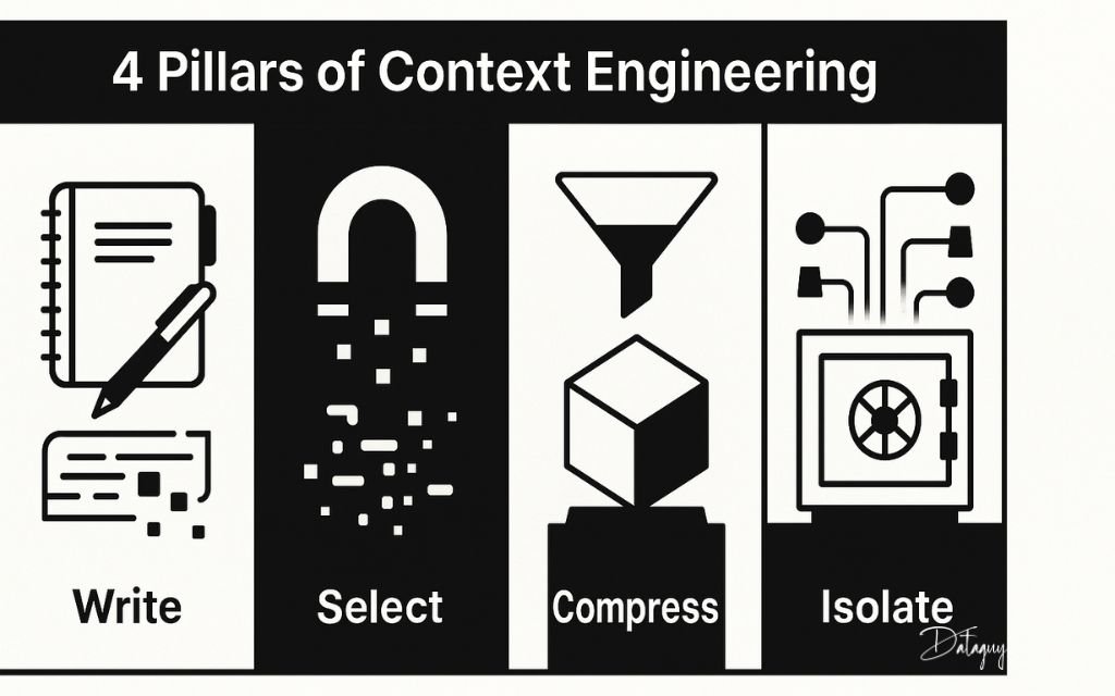 Black-and-white visual diagram showing the four pillars of context engineering: Write (notebook and pen), Select (magnet and data bits), Compress (funnel and cube), and Isolate (secure vault with data lines).