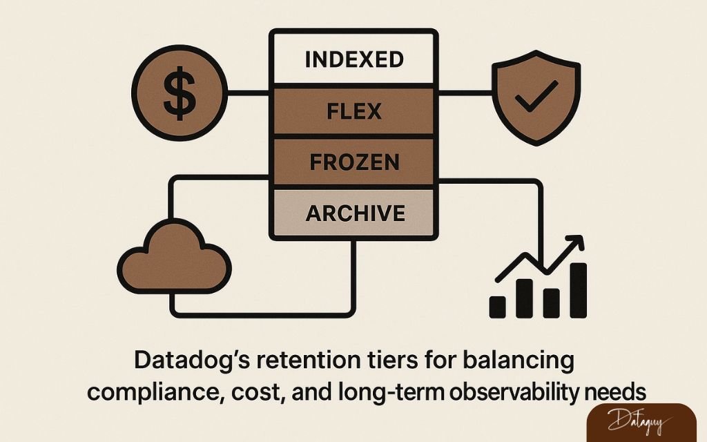Abstract illustration of Datadog retention tiers including indexed, flex, frozen, and archive storage for compliance and cost optimization