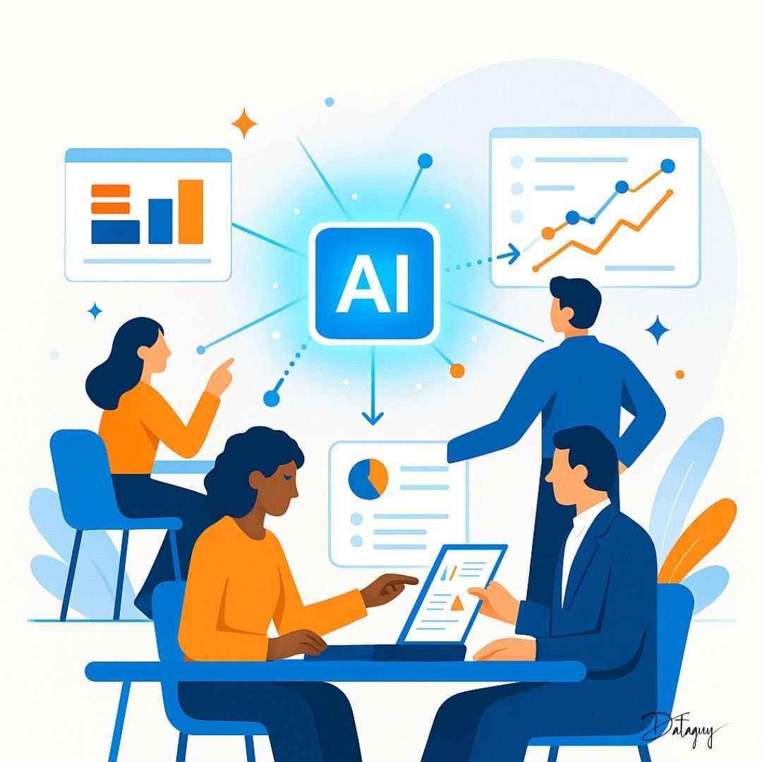 Workfast.ai illustration showing AI-powered teamwork and productivity