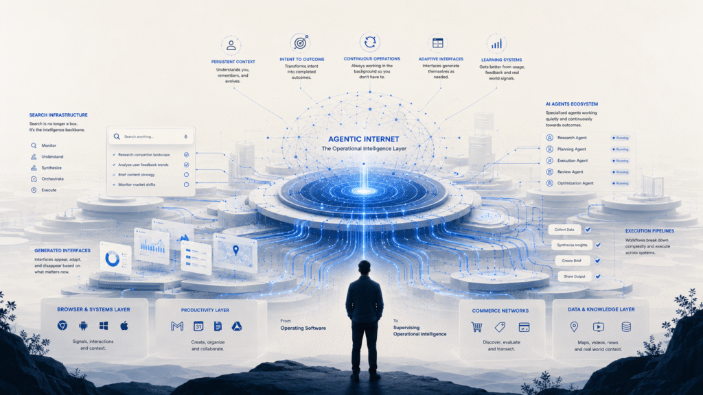 Minimalist cinematic illustration showing a human observing a vast AI-driven operational intelligence infrastructure representing the emerging agentic internet, with interconnected systems, autonomous workflows, contextual intelligence layers, and AI orchestration networks.