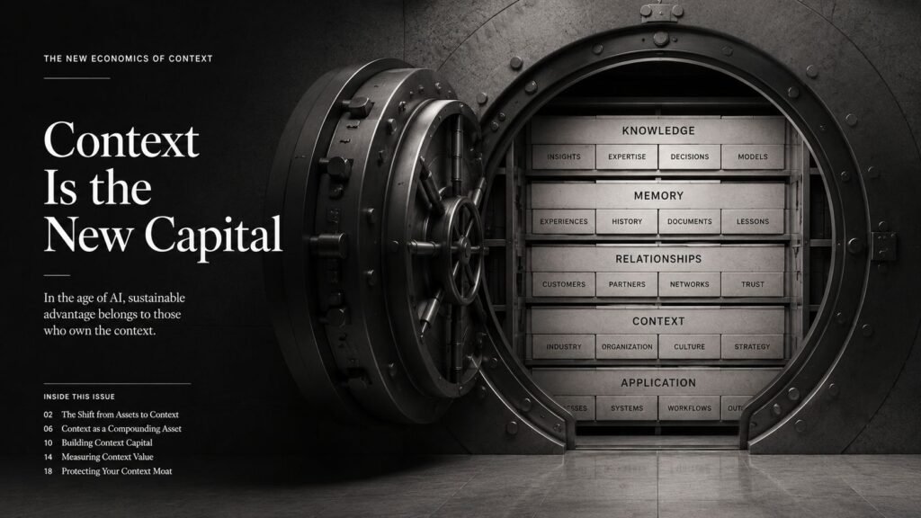 Black and white editorial illustration showing a large institutional vault containing layers of organizational knowledge, memory, relationships, context, and application. The image visualizes context as a strategic asset and a form of capital in the AI economy.