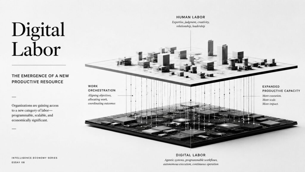 Black-and-white editorial illustration showing a traditional workforce layer connected to an emerging foundation of digital labor infrastructure, representing the expansion of productive capacity.