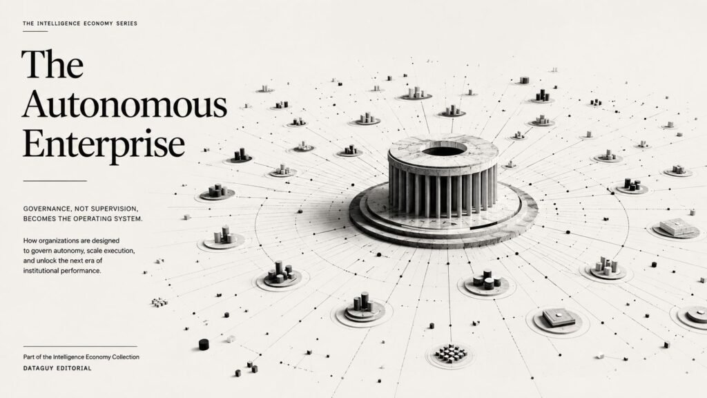 Black-and-white editorial illustration showing a central governance structure coordinating distributed autonomous operations across an organizational landscape.