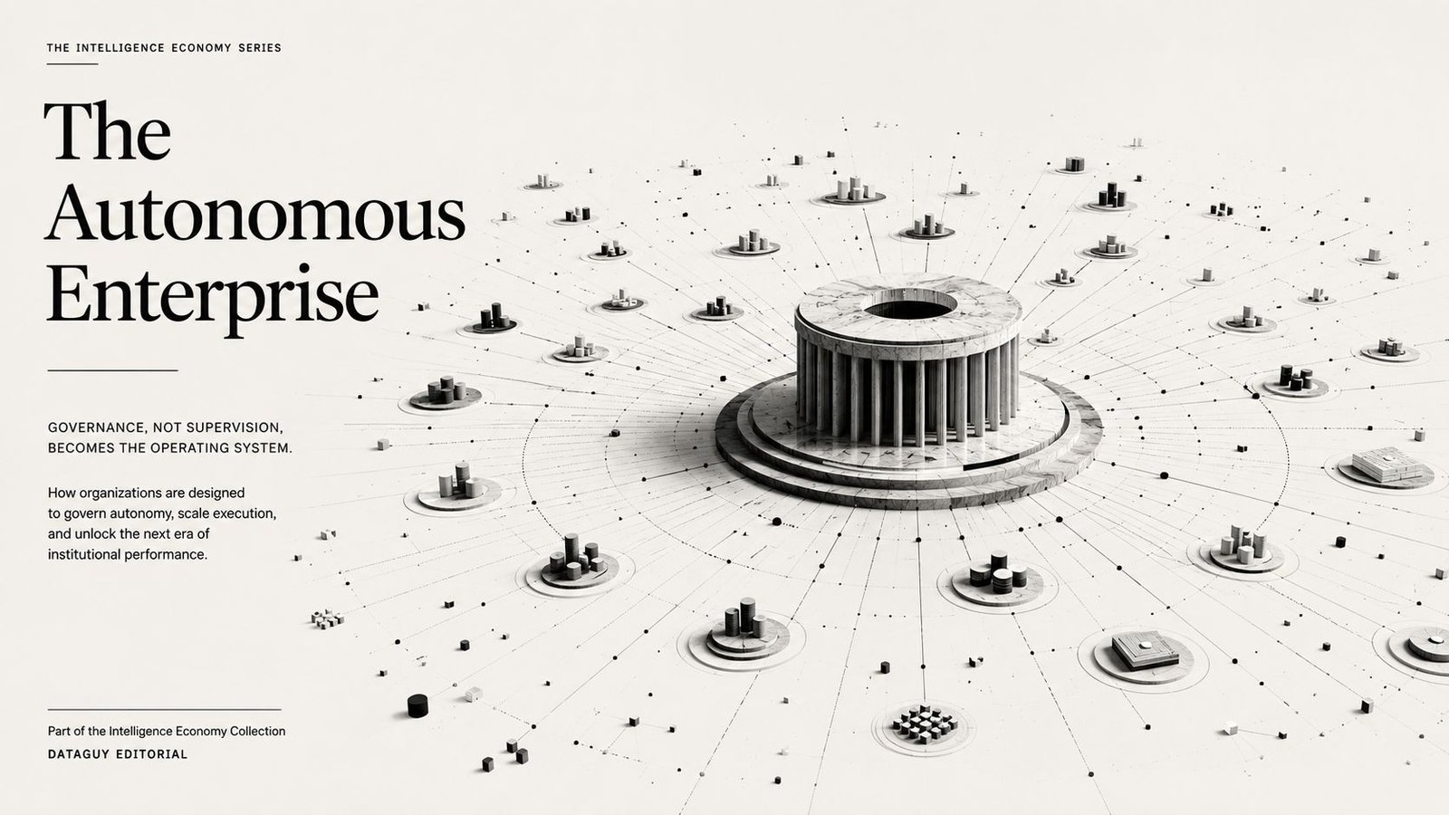Black-and-white editorial illustration showing a central governance structure coordinating distributed autonomous operations across an organizational landscape.