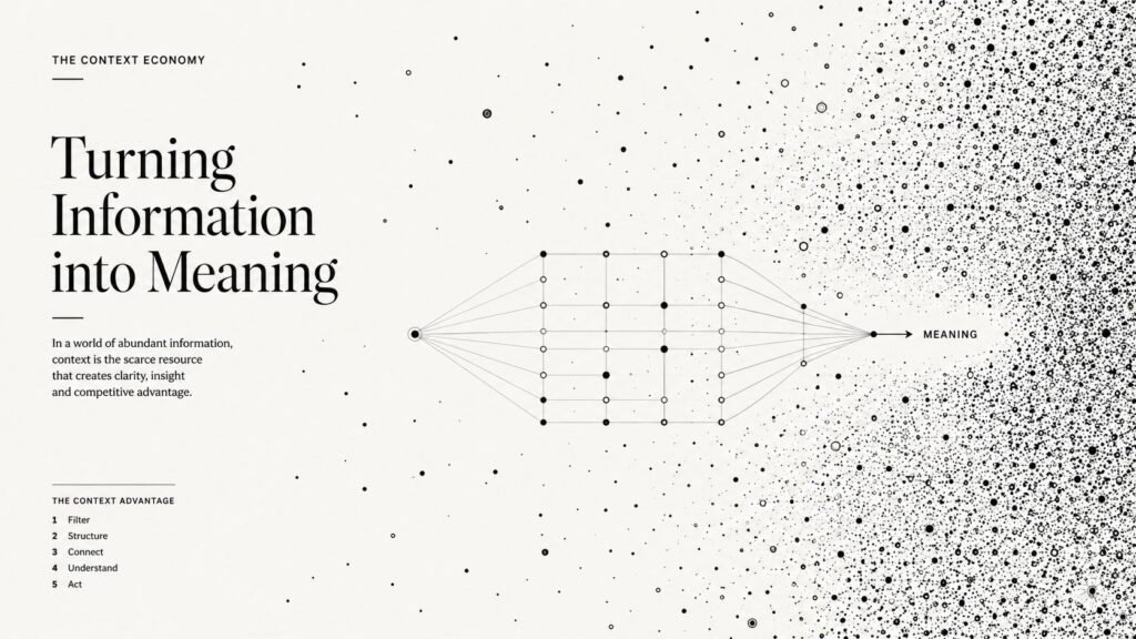 Black and white editorial illustration showing thousands of scattered information nodes converging into a structured framework that transforms information abundance into meaning. The visual represents the concept of the Context Economy, where context creates clarity, structure, and competitive advantage in an age of abundant information.