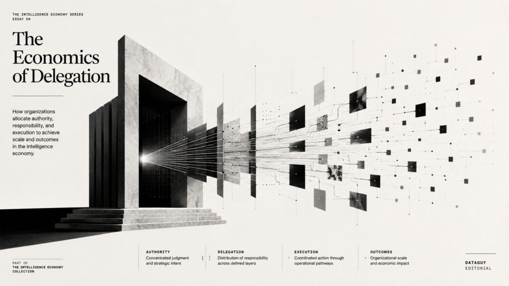 Black-and-white editorial illustration showing authority distributed through interconnected layers of responsibility and execution across an organizational system.