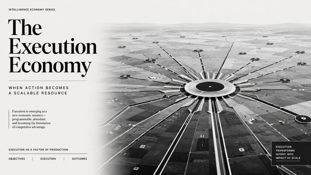 Black-and-white editorial illustration showing a central execution hub connected to a vast network of structured pathways across an economic landscape, representing execution becoming scalable infrastructure.