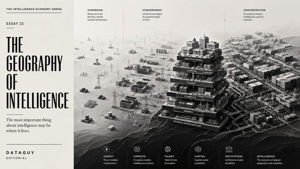 Editorial illustration showing intelligence infrastructure emerging from concentrated ecosystems of energy, compute, talent, capital, and institutions.