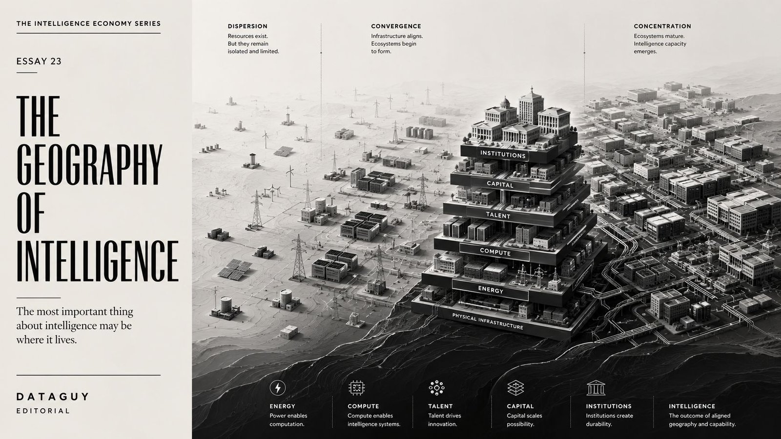 Editorial illustration showing intelligence infrastructure emerging from concentrated ecosystems of energy, compute, talent, capital, and institutions.