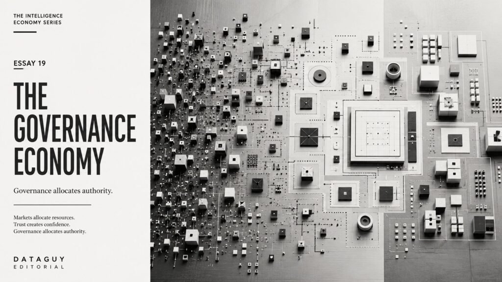 Editorial illustration showing governance as the institutional system that allocates authority and transforms organizational complexity into coordinated decision-making.
