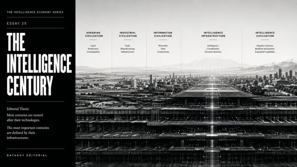A layered monochrome civilization landscape showing intelligence emerging as a foundational infrastructure beneath organizations, markets, institutions, and civilization.
