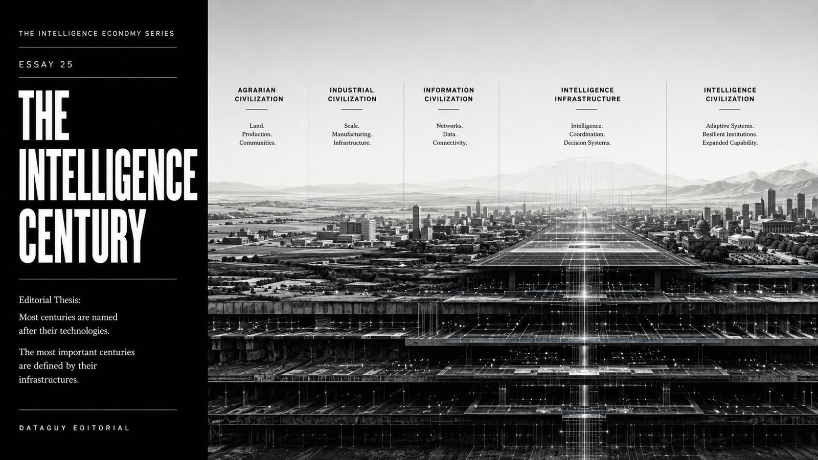 A layered monochrome civilization landscape showing intelligence emerging as a foundational infrastructure beneath organizations, markets, institutions, and civilization.