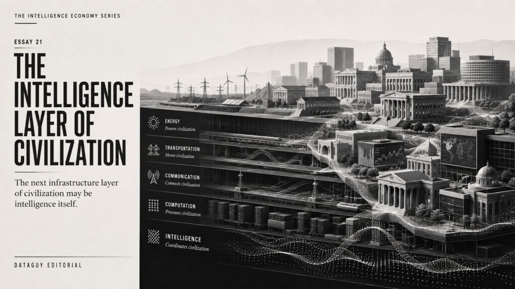 Editorial illustration showing intelligence emerging as a foundational infrastructure layer embedded throughout modern civilization.