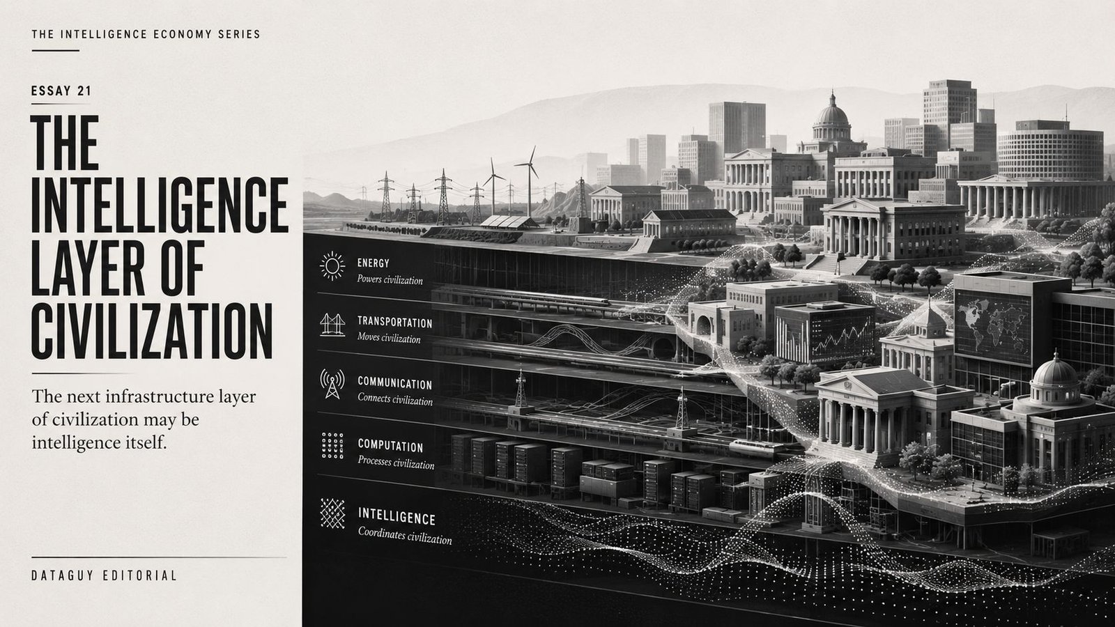Editorial illustration showing intelligence emerging as a foundational infrastructure layer embedded throughout modern civilization.