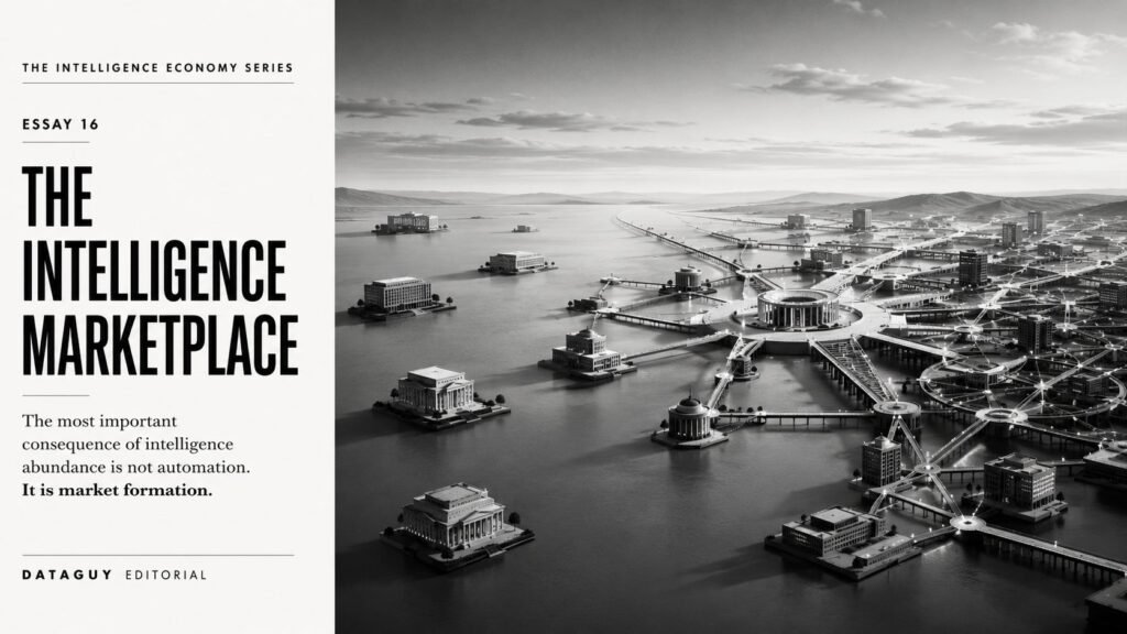 Editorial illustration showing intelligence evolving from isolated organizational knowledge into a connected marketplace of institutional exchange.