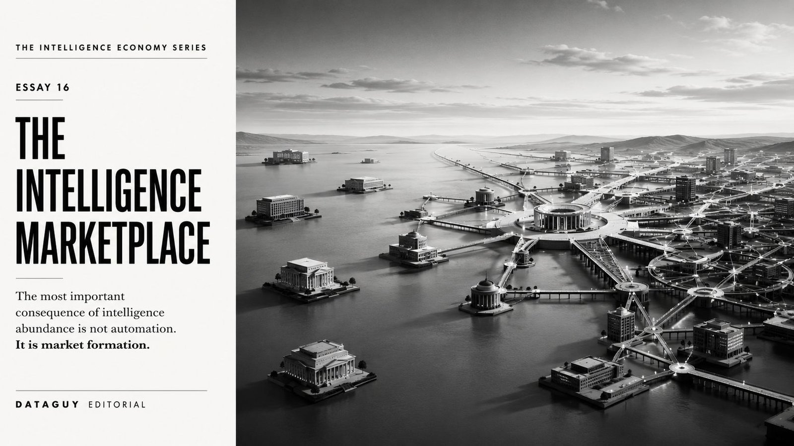 Editorial illustration showing intelligence evolving from isolated organizational knowledge into a connected marketplace of institutional exchange.