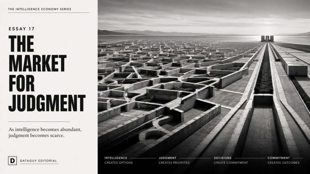 Editorial illustration showing abundant intelligence converging into a small number of strategic decisions, representing judgment as the scarce resource of the intelligence economy.