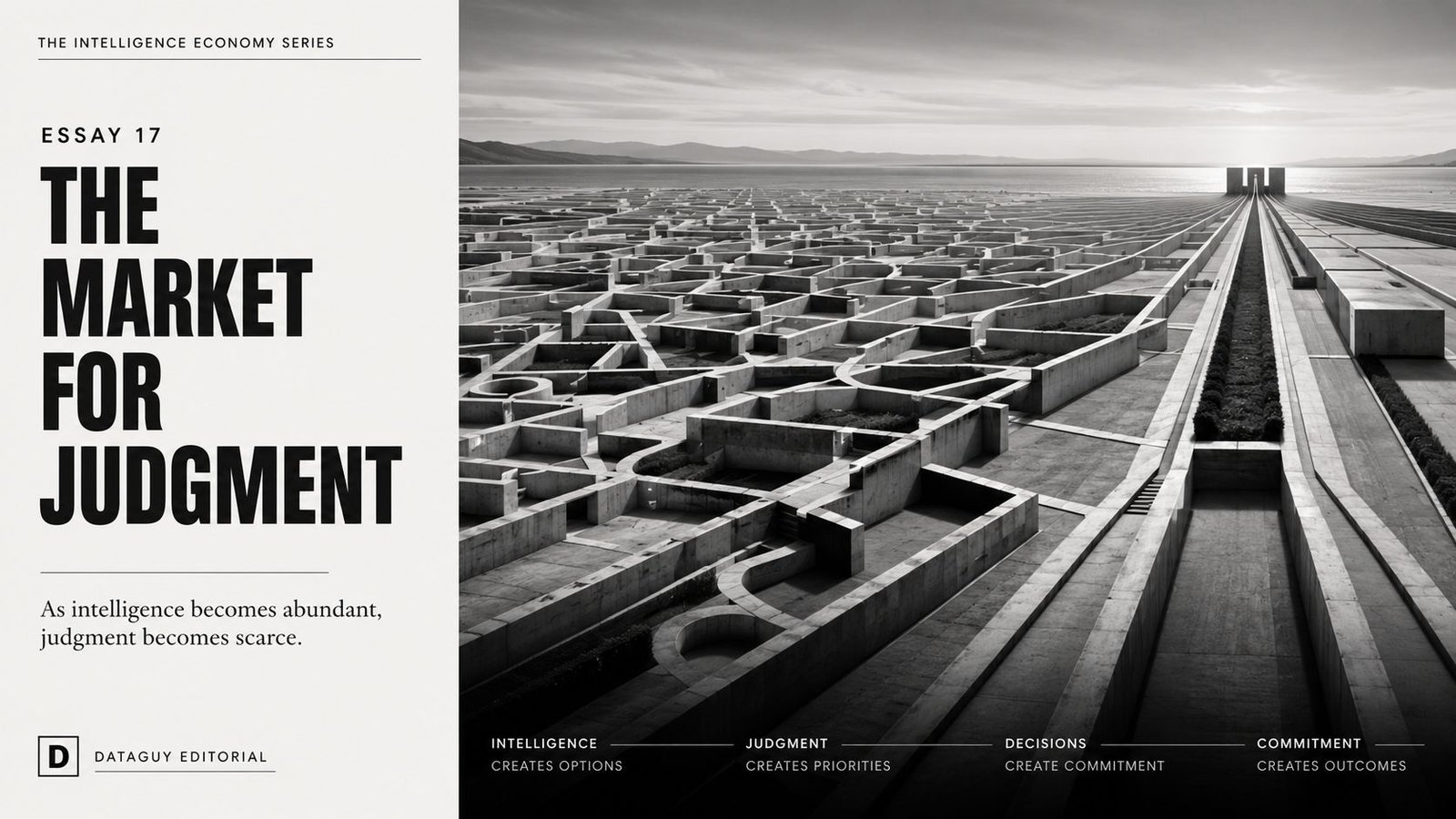 Editorial illustration showing abundant intelligence converging into a small number of strategic decisions, representing judgment as the scarce resource of the intelligence economy.