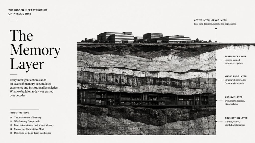 Black and white editorial illustration showing a geological cross-section beneath modern organizations, revealing hidden layers of archives, knowledge, experience, and institutional memory that support active intelligence systems above the surface.