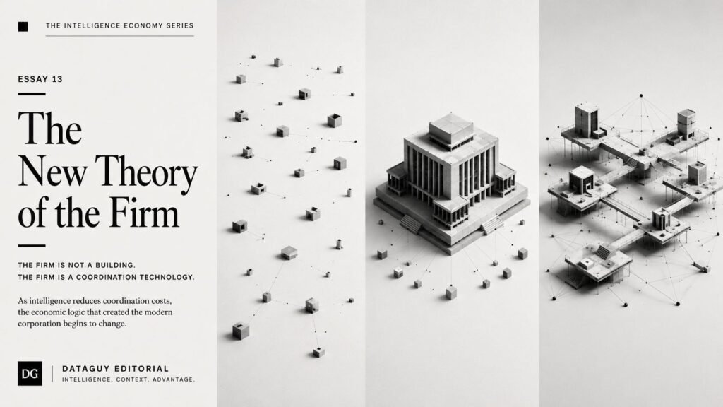 Editorial illustration showing the evolution from market coordination to traditional firms and intelligence-enabled organizational systems.