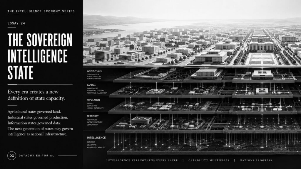 Editorial illustration depicting intelligence embedded throughout national institutions, infrastructure systems, governance structures, and state capacity.