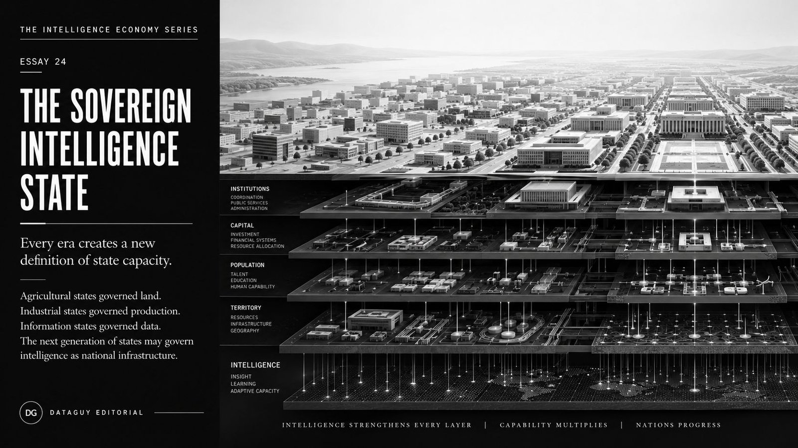 Editorial illustration depicting intelligence embedded throughout national institutions, infrastructure systems, governance structures, and state capacity.