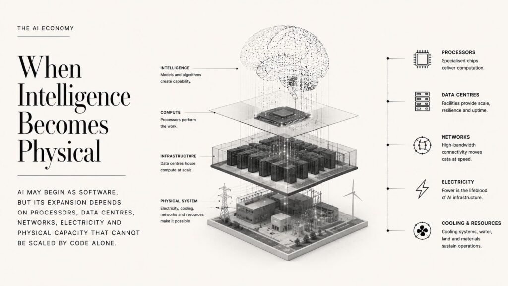 Editorial illustration showing AI intelligence connected to processors, data centres, networks and physical infrastructure