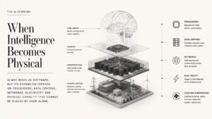 Editorial illustration showing AI intelligence connected to processors, data centres, networks and physical infrastructure
