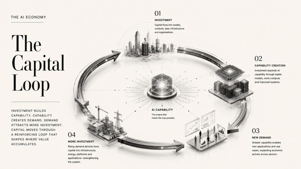Editorial illustration showing capital circulating through AI investment, capability, demand and infrastructure