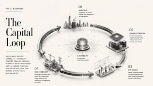 Editorial illustration showing capital circulating through AI investment, capability, demand and infrastructure