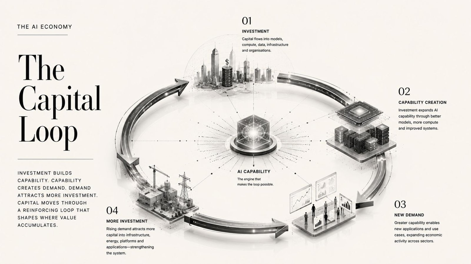 Editorial illustration showing capital circulating through AI investment, capability, demand and infrastructure