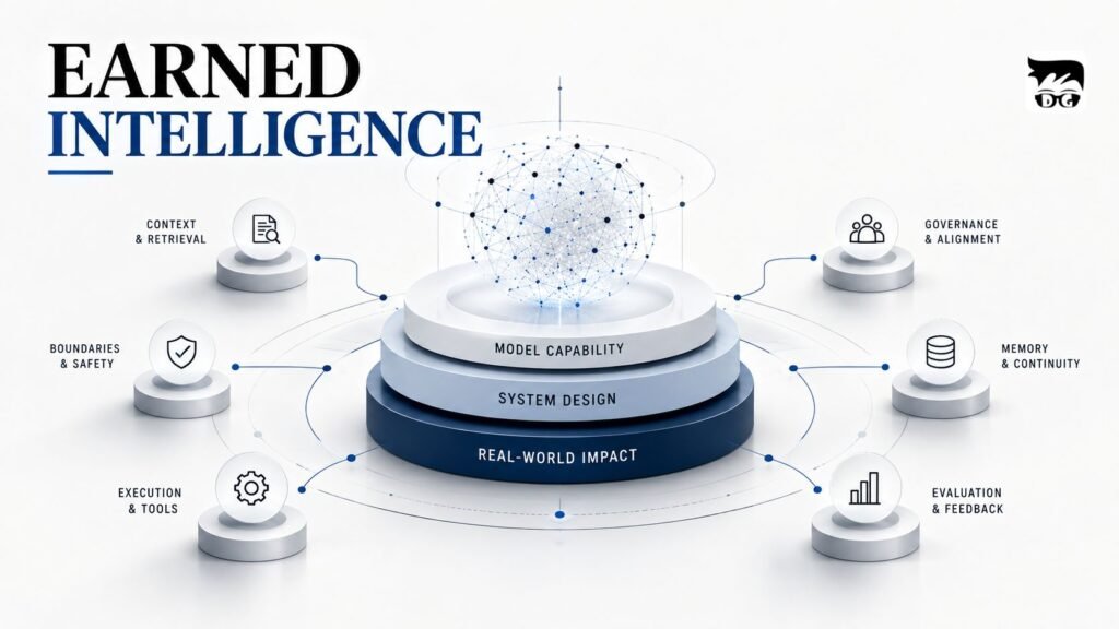 Minimalist illustration of AI intelligence supported by context, governance, execution, memory, and evaluation.