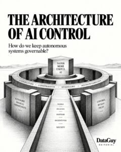 Editorial engraving of an AI system enclosed within a structured architecture of capabilities, constraints, oversight, and accountability.