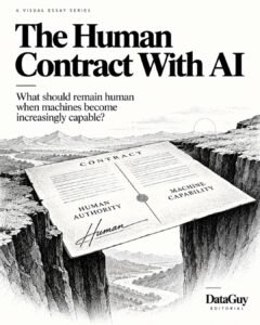 Editorial illustration of a contract connecting human authority with machine capability.