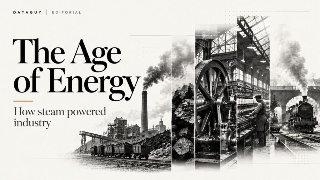 Monochrome editorial illustration of coal, steam machinery, factory infrastructure and industrial transport representing the rise of productive energy.