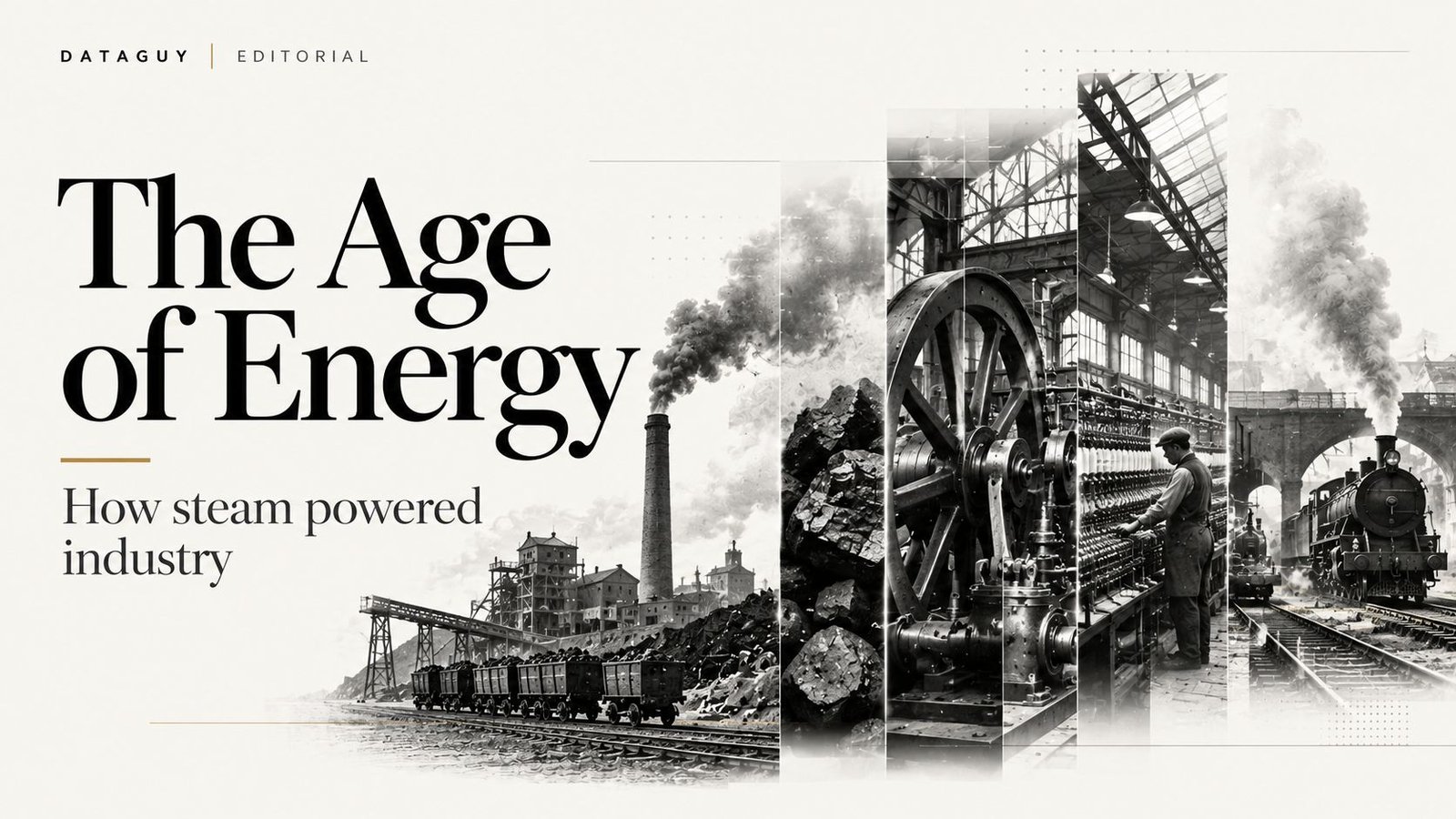 Editorial illustration showing the transition from controlled energy to mechanical work and industrial production