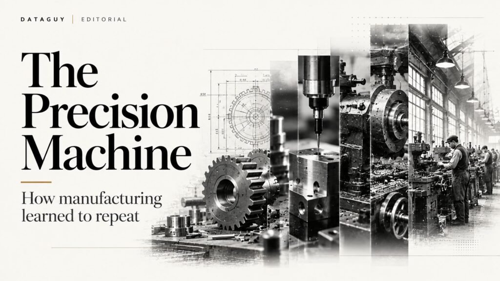 Monochrome editorial illustration of precision machine tools, measuring instruments, engineered components and industrial machinery.