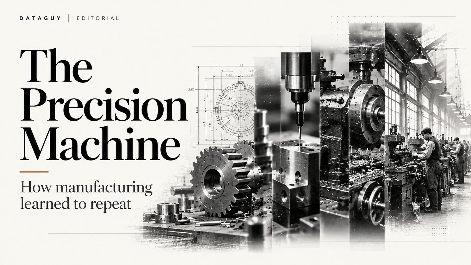 Editorial illustration showing measurement, machine tools and repeatable manufacturing