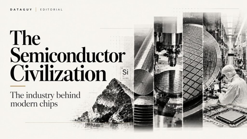 Monochrome editorial illustration of silicon wafers, semiconductor fabrication equipment and microscopic electronic manufacturing structures.