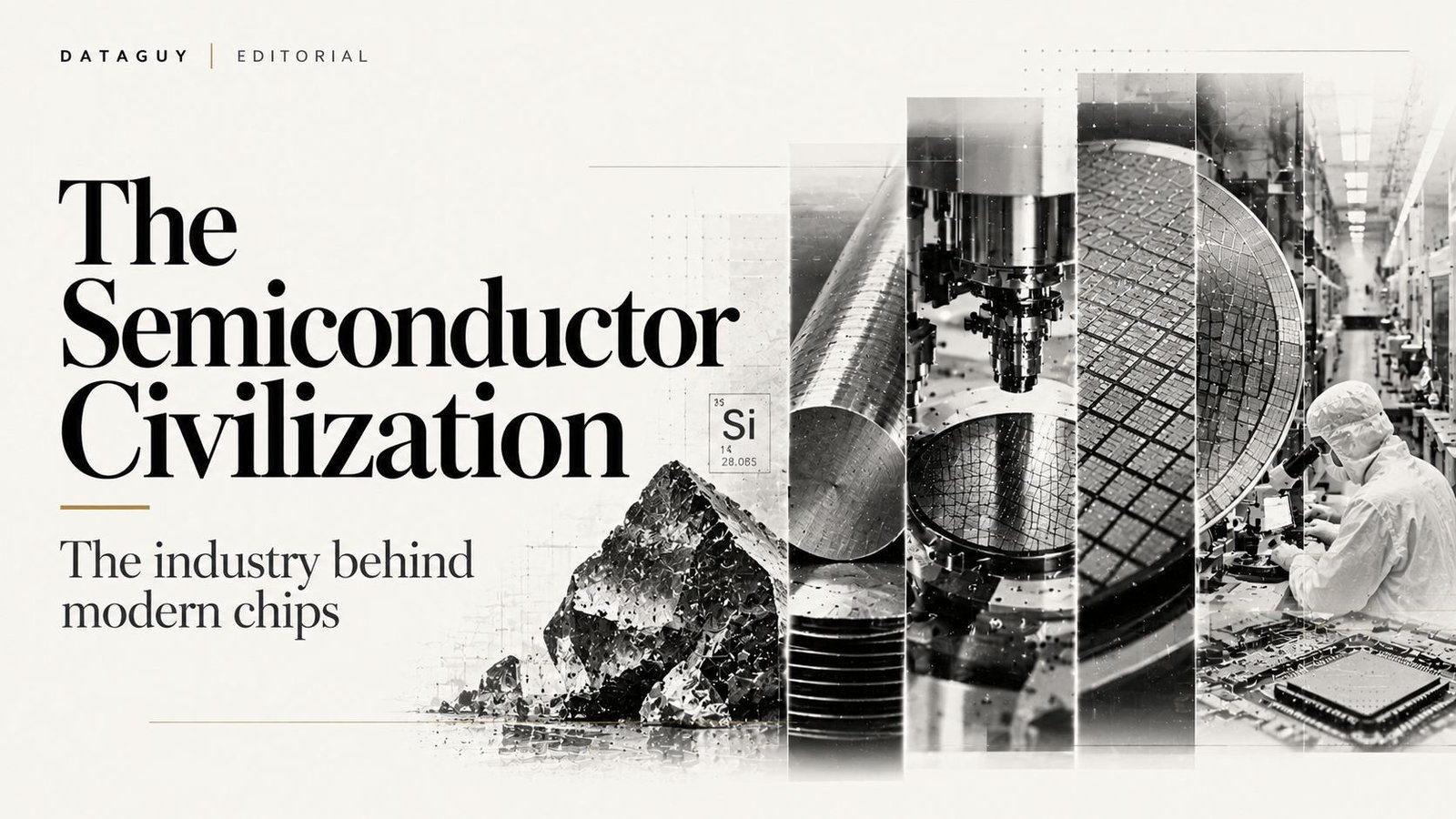 Editorial illustration showing semiconductor manufacturing as a layered system of materials, precision, fabrication and measurement