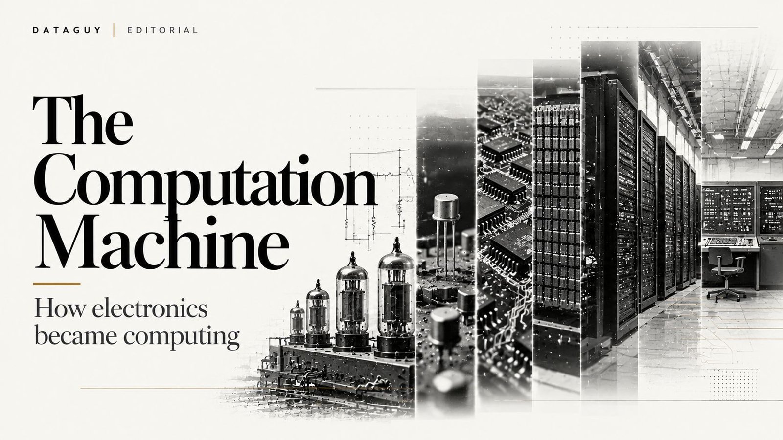 Editorial illustration showing electronic switching organized into a computational system