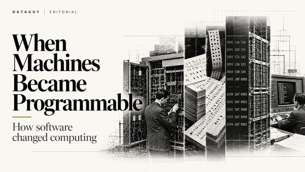 Monochrome editorial illustration of early computing hardware, punched cards and stored instructions representing the emergence of programmable computers.