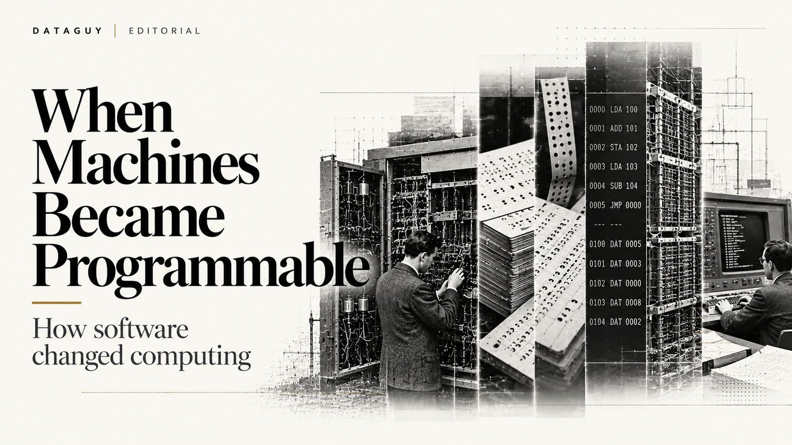 Editorial illustration showing early computing hardware, stored instructions and the transition to programmable computers